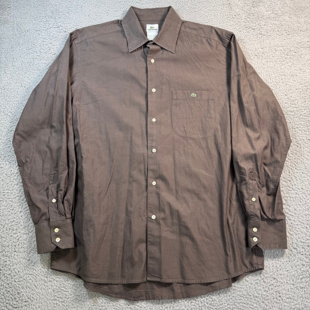 Lacoste Mens Brown Cotton Button Down Shirt Long Sleeve Logo 42 L 1040L